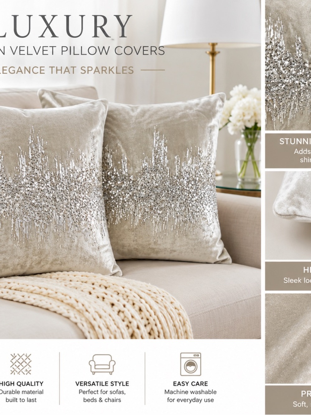 Luxury Velvet Pillow Covers with Sparkle Detail - Champagne